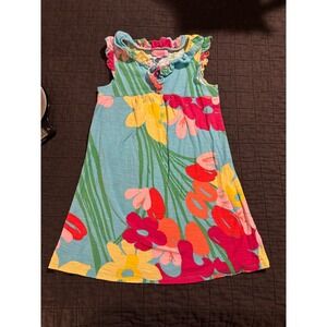 Lilly Pulitzer Kids Floral Print Dress Ruffle Sleeveless Blue Yellow